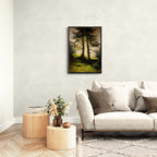 Alps Forestlight - Poster in a modern living room with soft golden light illuminating the forest scene.