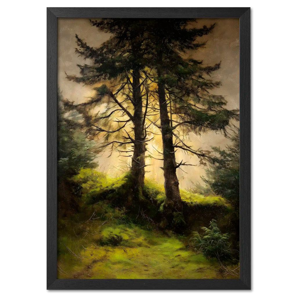 Alps Forestlight - Poster featuring two tall trees in soft golden light, illuminating a peaceful forest scene.