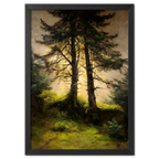 Alps Forestlight - Poster featuring two tall trees in soft golden light, illuminating a peaceful forest scene.