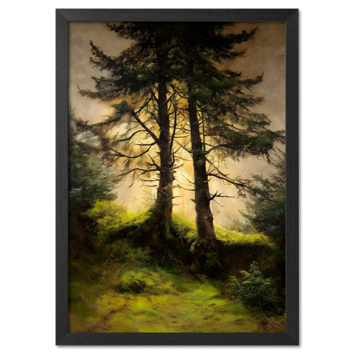 Alps Forestlight - Poster featuring two tall trees in soft golden light, illuminating a peaceful forest scene.