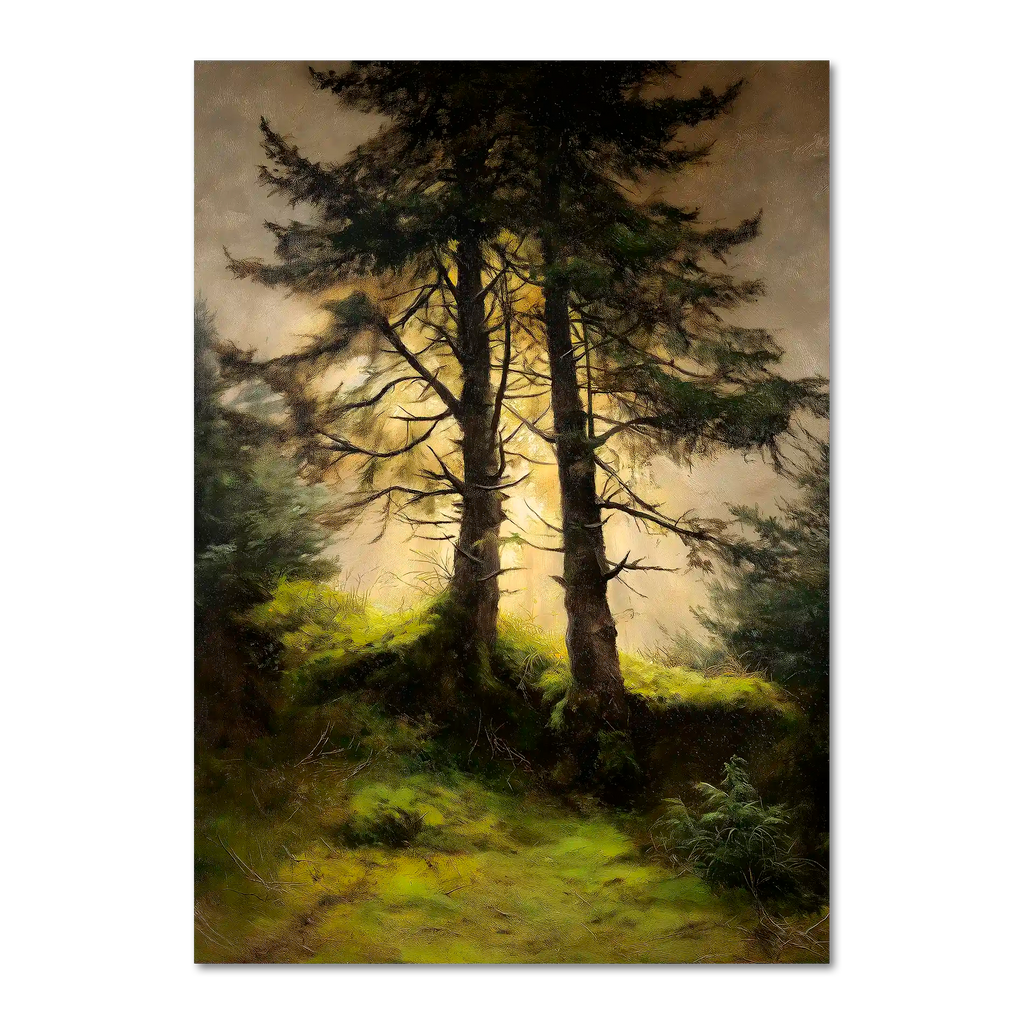 Alps Forestlight - Poster featuring a serene forest scene illuminated by soft golden light.