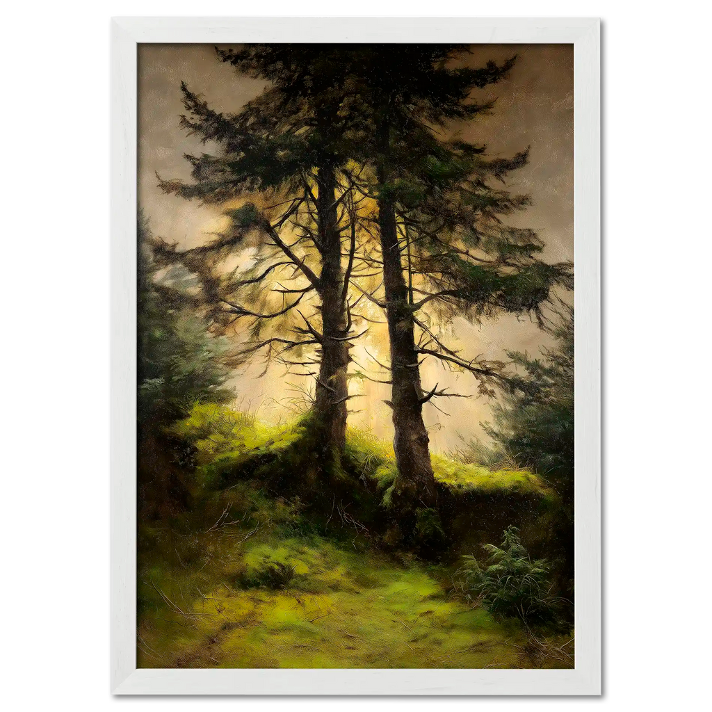 Alps Forestlight - Poster featuring two tall trees bathed in golden sunlight, surrounded by calming green moss.