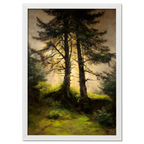 Alps Forestlight - Poster featuring two tall trees bathed in golden sunlight, surrounded by calming green moss.