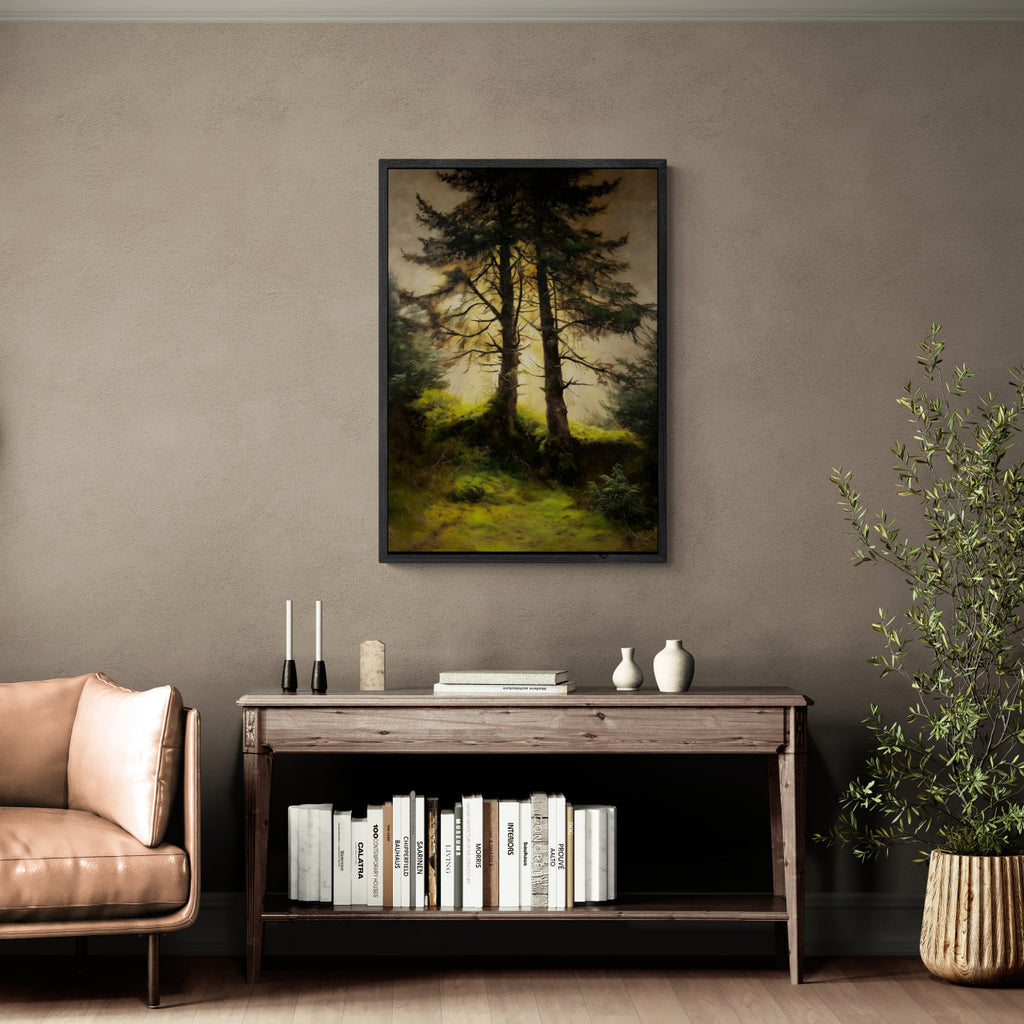 Alps Forestlight - Poster showcasing a quiet forest scene with soft golden light, ideal wall art for modern interiors.