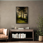 Alps Forestlight - Poster showcasing a quiet forest scene with soft golden light, ideal wall art for modern interiors.