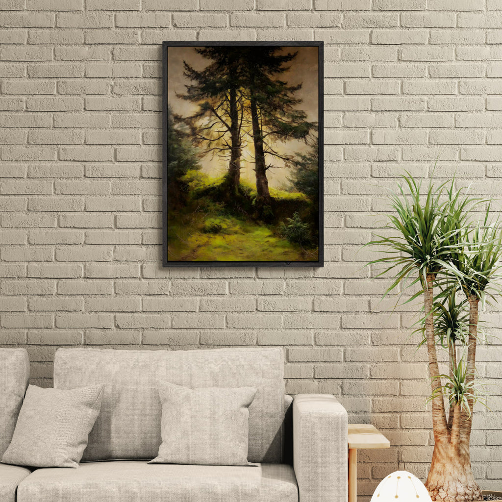Alps Forestlight - Poster showcasing a serene forest scene with sunlight filtering through tall trees.