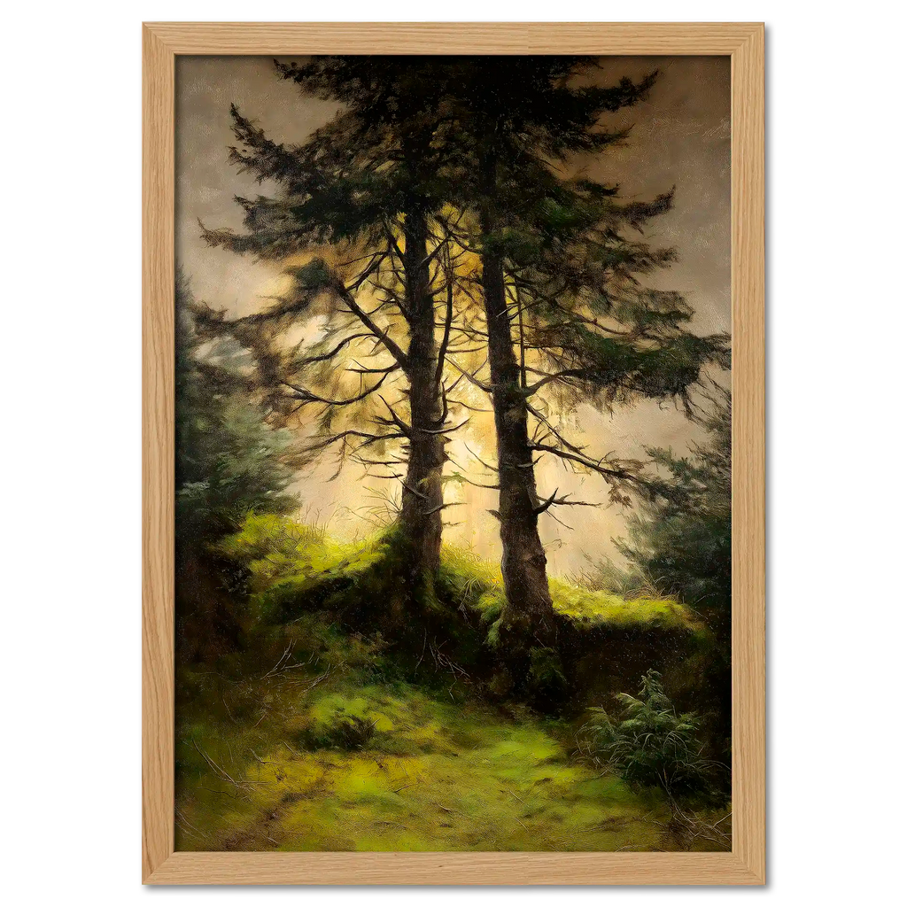 Alps Forestlight - Poster featuring soft golden light shining through tall trees in a peaceful forest scene.