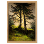 Alps Forestlight - Poster featuring soft golden light shining through tall trees in a peaceful forest scene.