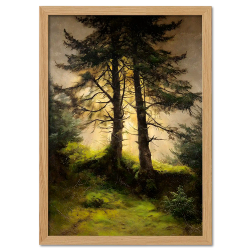 Alps Forestlight - Poster featuring soft golden light shining through tall trees in a peaceful forest scene.