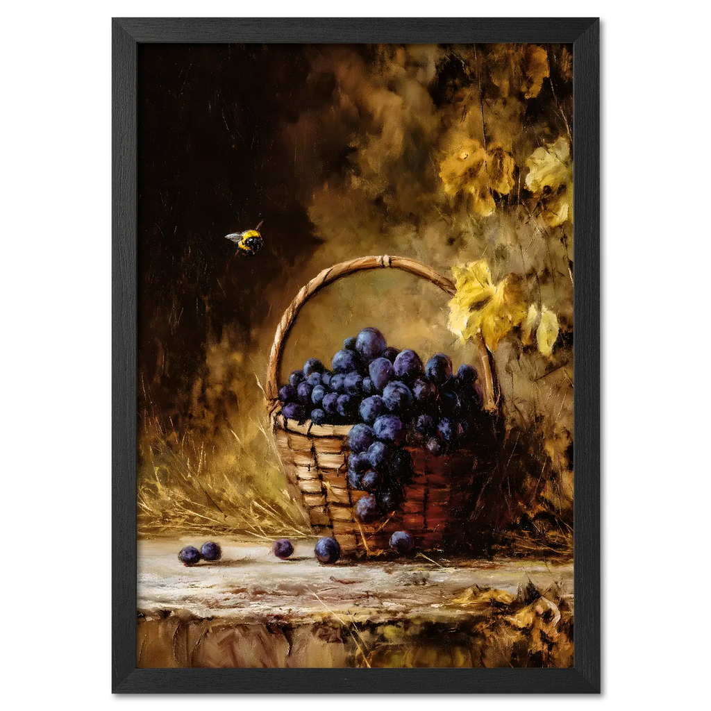 Alps Gilded Harvest - Poster showcasing a basket of purple grapes with a bee in a cozy autumn setting.