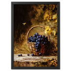 Alps Gilded Harvest - Poster showcasing a basket of purple grapes with a bee in a cozy autumn setting.