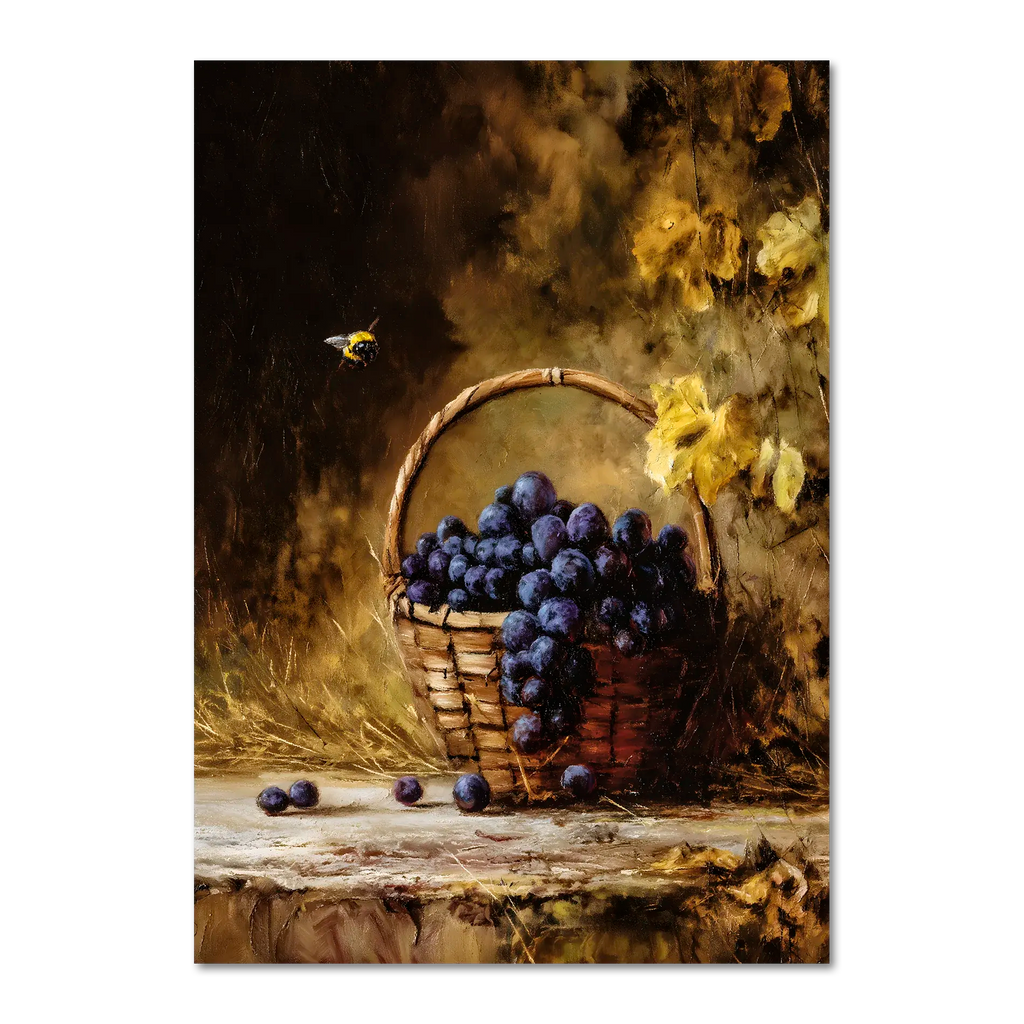 Alps Gilded Harvest - Poster showcasing a basket of purple grapes in warm autumn light with a bee, evoking cozy countryside charm.