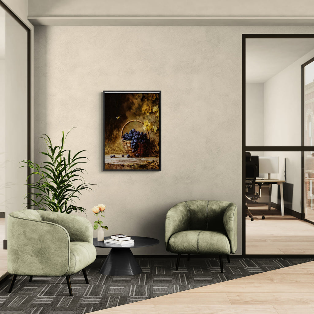 Alps Gilded Harvest - Poster displayed in a modern living room, featuring warm autumn tones and grapes.