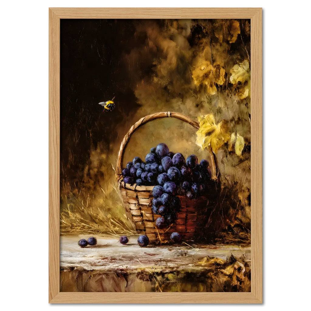 Alps Gilded Harvest - Poster featuring a basket of grapes in warm autumn tones with a bee, perfect for cozy interiors.