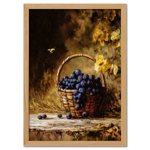 Alps Gilded Harvest - Poster featuring a basket of grapes in warm autumn tones with a bee, perfect for cozy interiors.