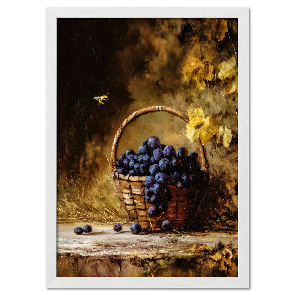Alps Gilded Harvest - Poster featuring a basket of purple grapes in warm autumn tones with a bee.