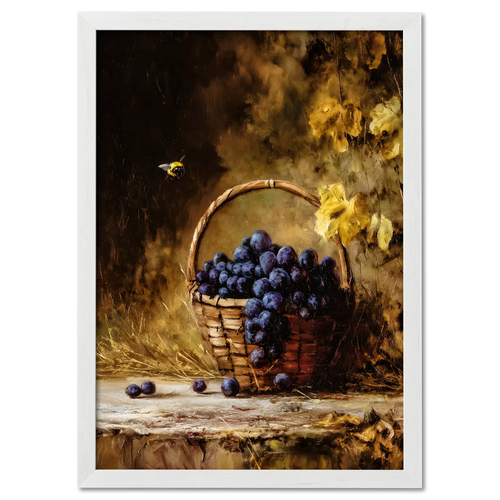 Alps Gilded Harvest - Poster featuring a basket of purple grapes in warm autumn tones with a bee.