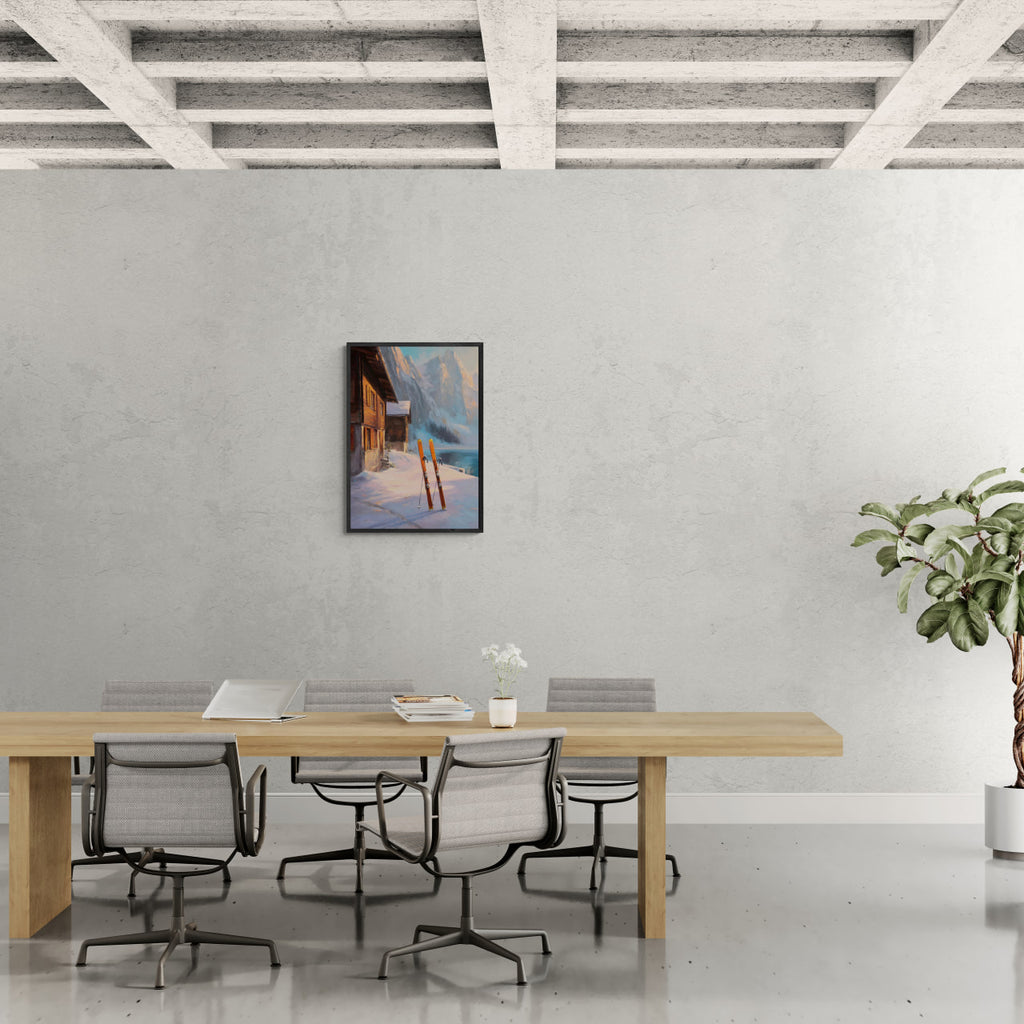 Alps Glow - Poster displayed in a modern meeting room, enhancing the cozy alpine atmosphere.