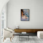 Alps Glow - Poster displayed in a modern living room, showcasing a warm alpine winter scene with skis.