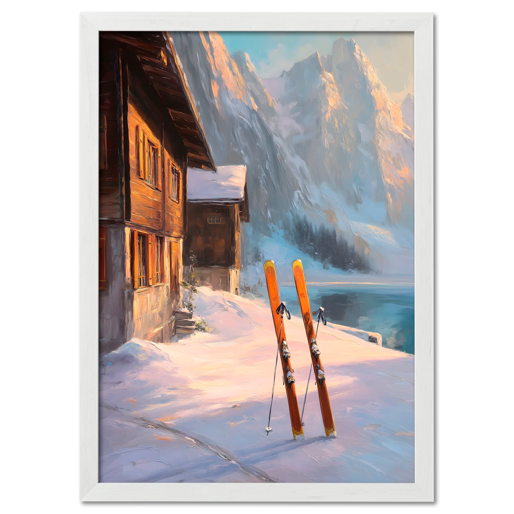Alps Glow - Poster featuring a warm winter scene with skis, chalet, and snowy mountains.