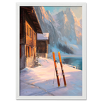 Alps Glow - Poster featuring a warm winter scene with skis, chalet, and snowy mountains.