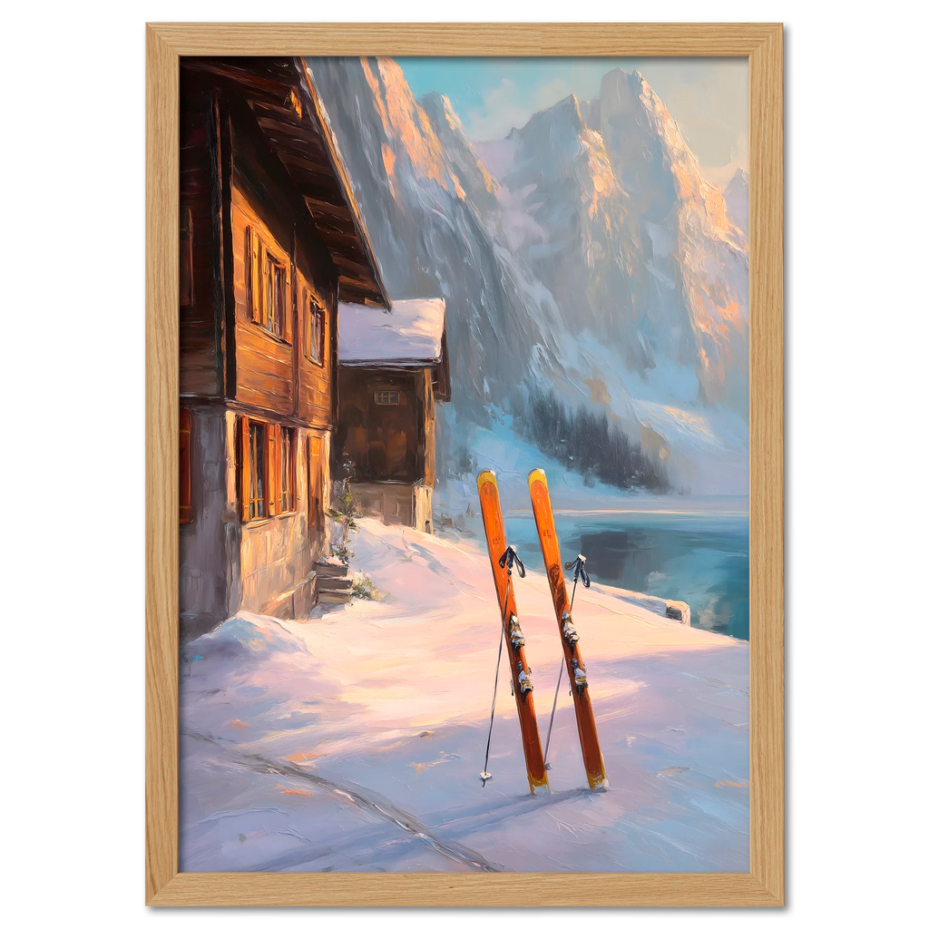 Alps Glow - Poster featuring a warm winter scene with skis, a chalet, and snowy mountains in the Alps.