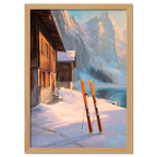 Alps Glow - Poster featuring a warm winter scene with skis, a chalet, and snowy mountains in the Alps.