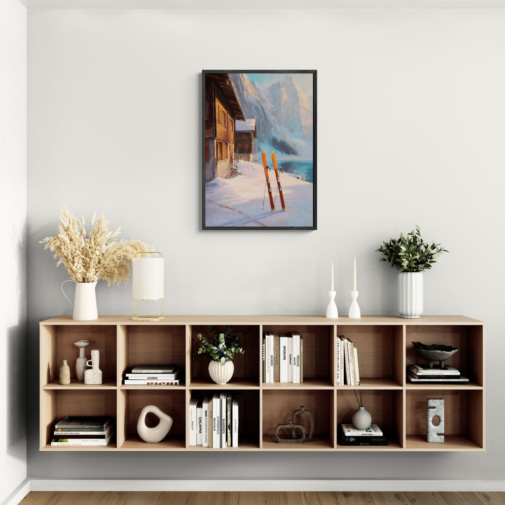 Alps Glow - Poster displayed in a modern living room with wooden shelving and cozy decor.