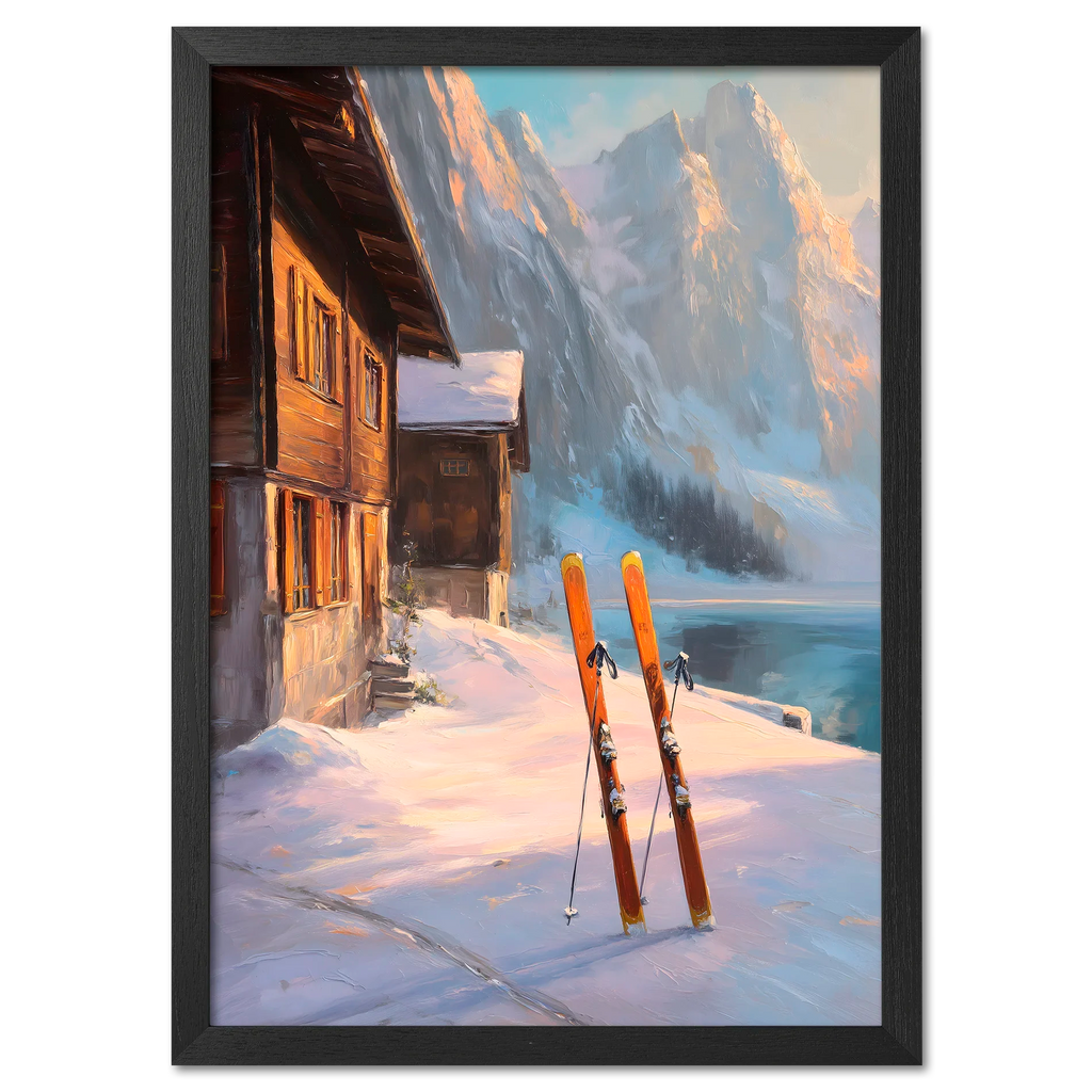 Alps Glow - Poster depicting a cozy chalet and skis in a winter scene in the Alps with soft golden sunlight.