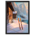 Alps Glow - Poster depicting a cozy chalet and skis in a winter scene in the Alps with soft golden sunlight.