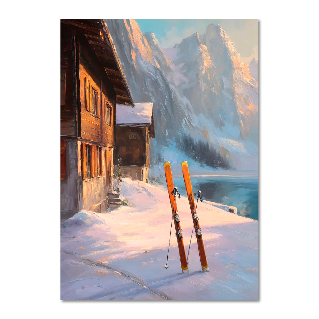Alps Glow - Poster featuring a cozy wooden chalet, skis in snow, and serene lake views in the Alps.