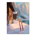 Alps Glow - Poster featuring a cozy wooden chalet, skis in snow, and serene lake views in the Alps.