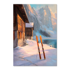 Alps Glow - Poster featuring a cozy wooden chalet, skis in snow, and serene lake views in the Alps.