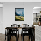 Alps Grazing - Poster featuring an alpine meadow with animals in a modern dining room setting.