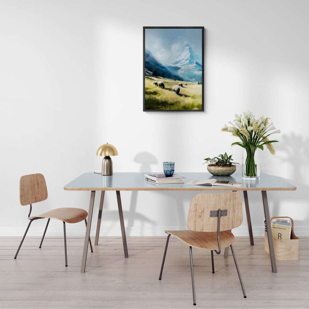 Alps Grazing - Poster displayed in a modern minimalist dining area with wooden furniture and fresh flowers.
