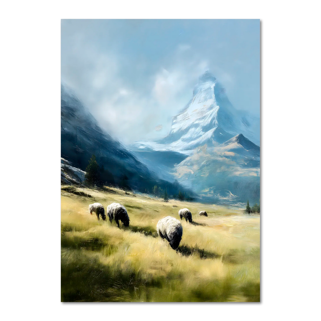 Alps Grazing - Poster depicting sheep grazing in a sunny alpine meadow with a snow-covered mountain in the background.