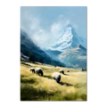 Alps Grazing - Poster depicting sheep grazing in a sunny alpine meadow with a snow-covered mountain in the background.