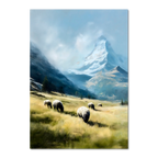 Alps Grazing - Poster depicting sheep grazing in a sunny alpine meadow with a snow-covered mountain in the background.