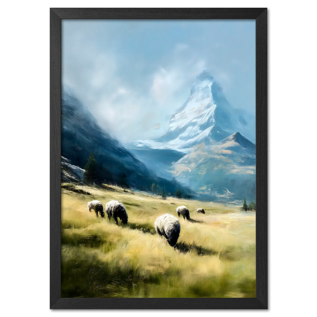 Alps Grazing - Poster depicting sheep grazing in an alpine meadow with a snow-covered mountain backdrop.