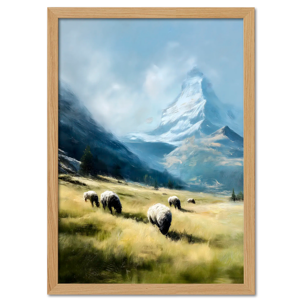 Alps Grazing - Poster featuring sheep grazing in an alpine meadow with a breathtaking mountain backdrop.