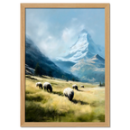 Alps Grazing - Poster featuring sheep grazing in an alpine meadow with a breathtaking mountain backdrop.