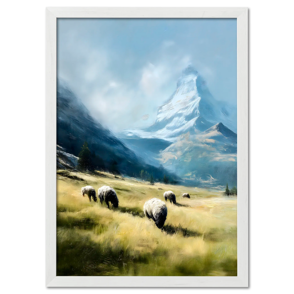 Alps Grazing - Poster featuring fluffy sheep grazing in a serene alpine meadow with snow-capped mountains.