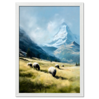 Alps Grazing - Poster featuring fluffy sheep grazing in a serene alpine meadow with snow-capped mountains.