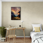 Alps Haven - Poster hanging in a modern room with a wooden desk and cozy atmosphere, depicting a serene alpine valley.
