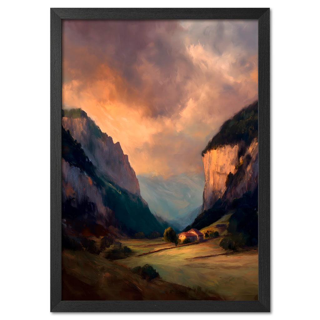 Alps Haven - Poster featuring a serene alpine valley at sunset with warm golden light and misty mountains.