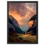 Alps Haven - Poster featuring a serene alpine valley at sunset with warm golden light and misty mountains.