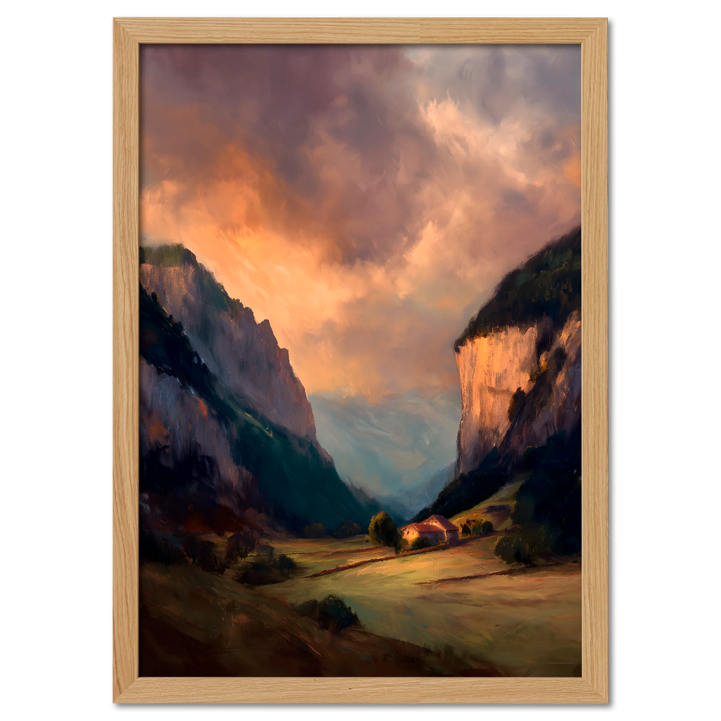 Alps Haven - Poster featuring a serene alpine valley at sunset with warm light and mountains.