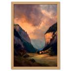 Alps Haven - Poster featuring a serene alpine valley at sunset with warm light and mountains.