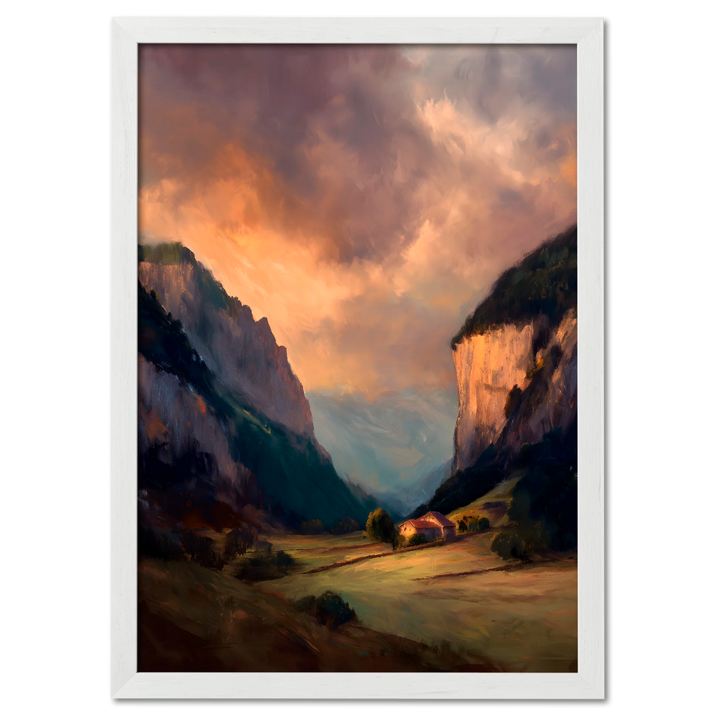 Alps Haven - Poster showcasing a serene alpine valley at sunset with warm lighting and misty mountains.