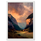 Alps Haven - Poster showcasing a serene alpine valley at sunset with warm lighting and misty mountains.